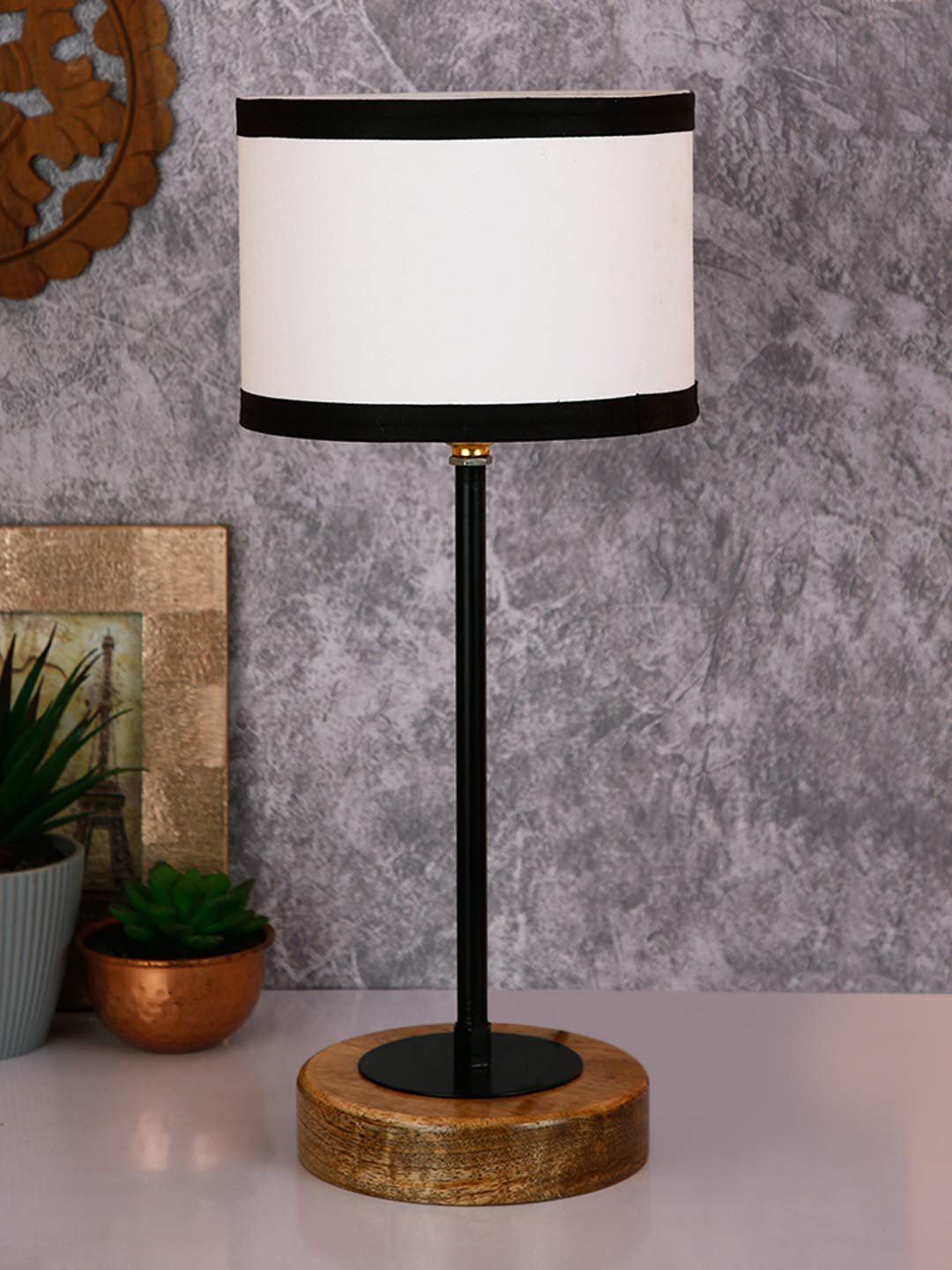 Drum Multicolor Cotton Shade Table Lamp with Wood Base