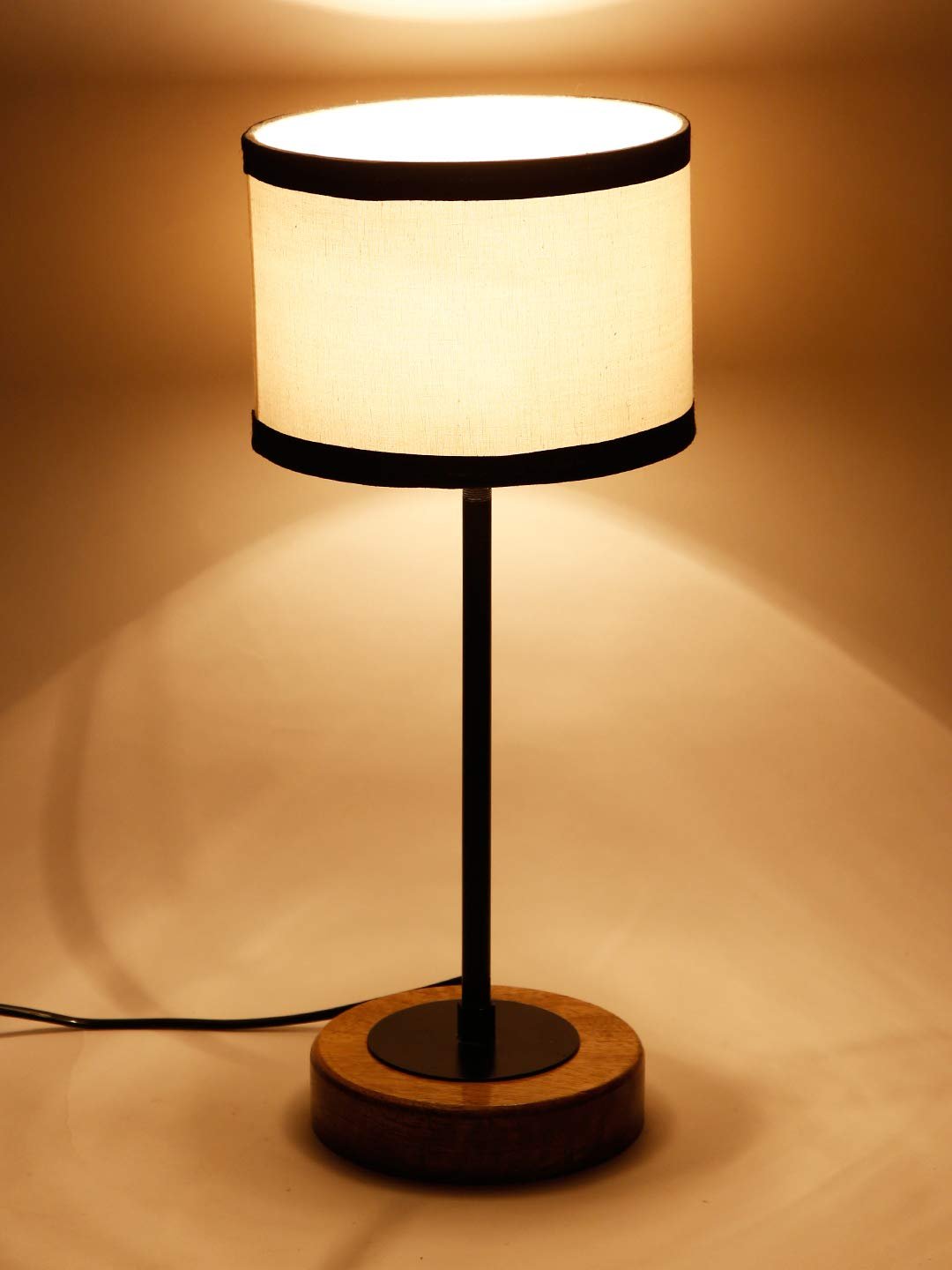 Drum Multicolor Cotton Shade Table Lamp with Wood Base