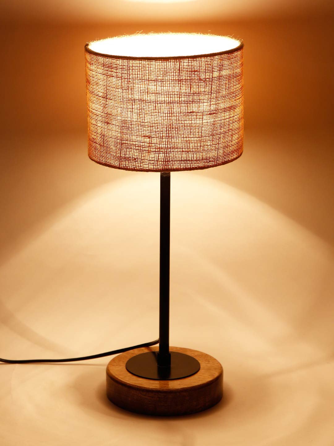Drum Beige Jute Shade Table Lamp with Wood Base