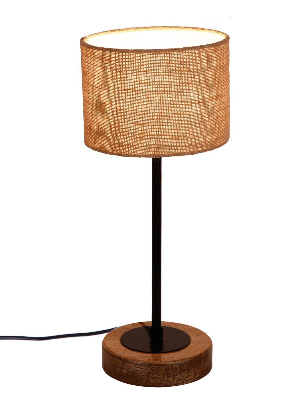 Drum Beige Jute Shade Table Lamp with Wood Base