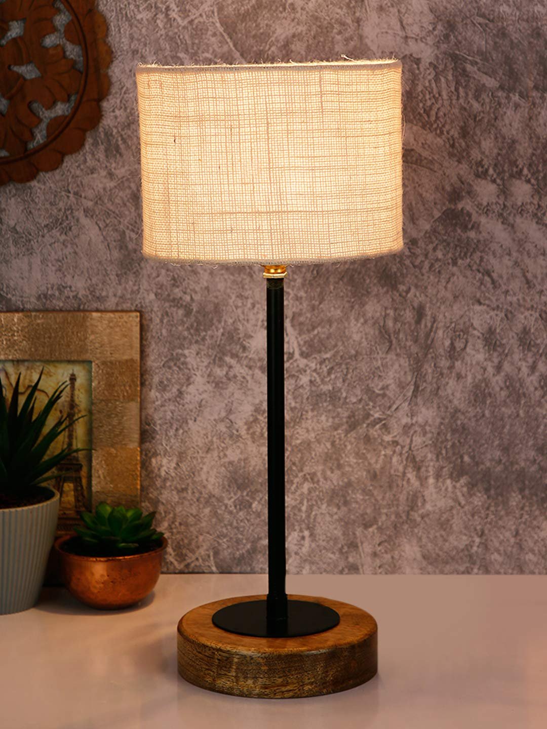 Drum White Jute Shade Table Lamp with Wood Base