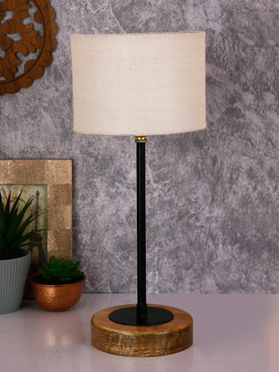 Drum White Jute Shade Table Lamp with Wood Base