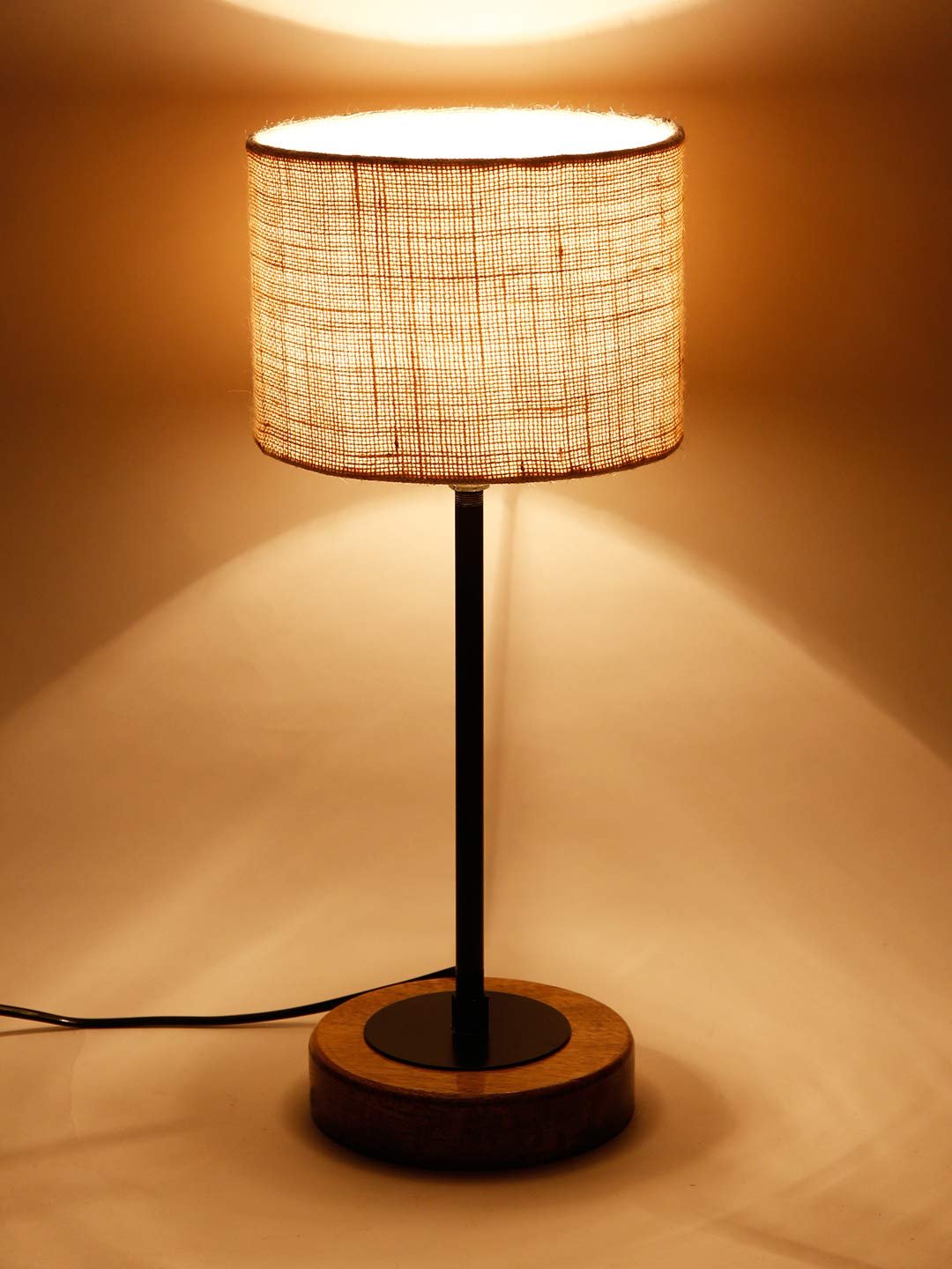 Drum White Jute Shade Table Lamp with Wood Base