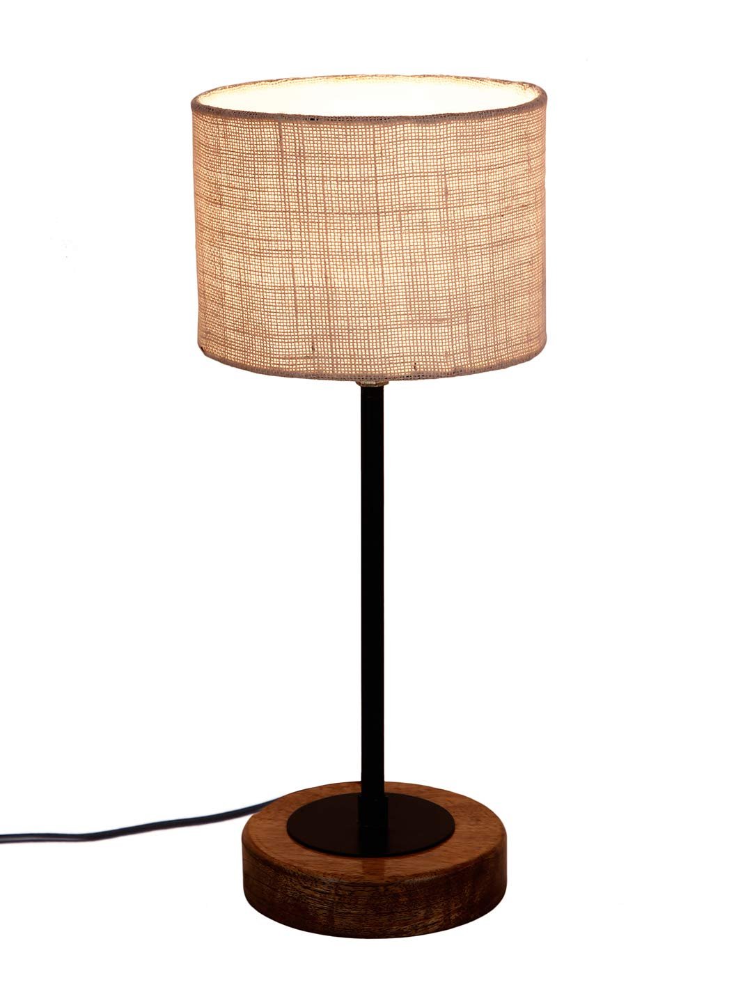 Drum White Jute Shade Table Lamp with Wood Base