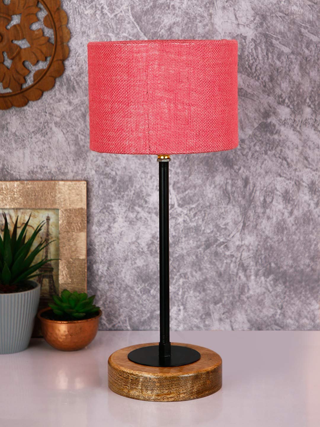 Drum Pink Jute Shade Table Lamp with Wood Base