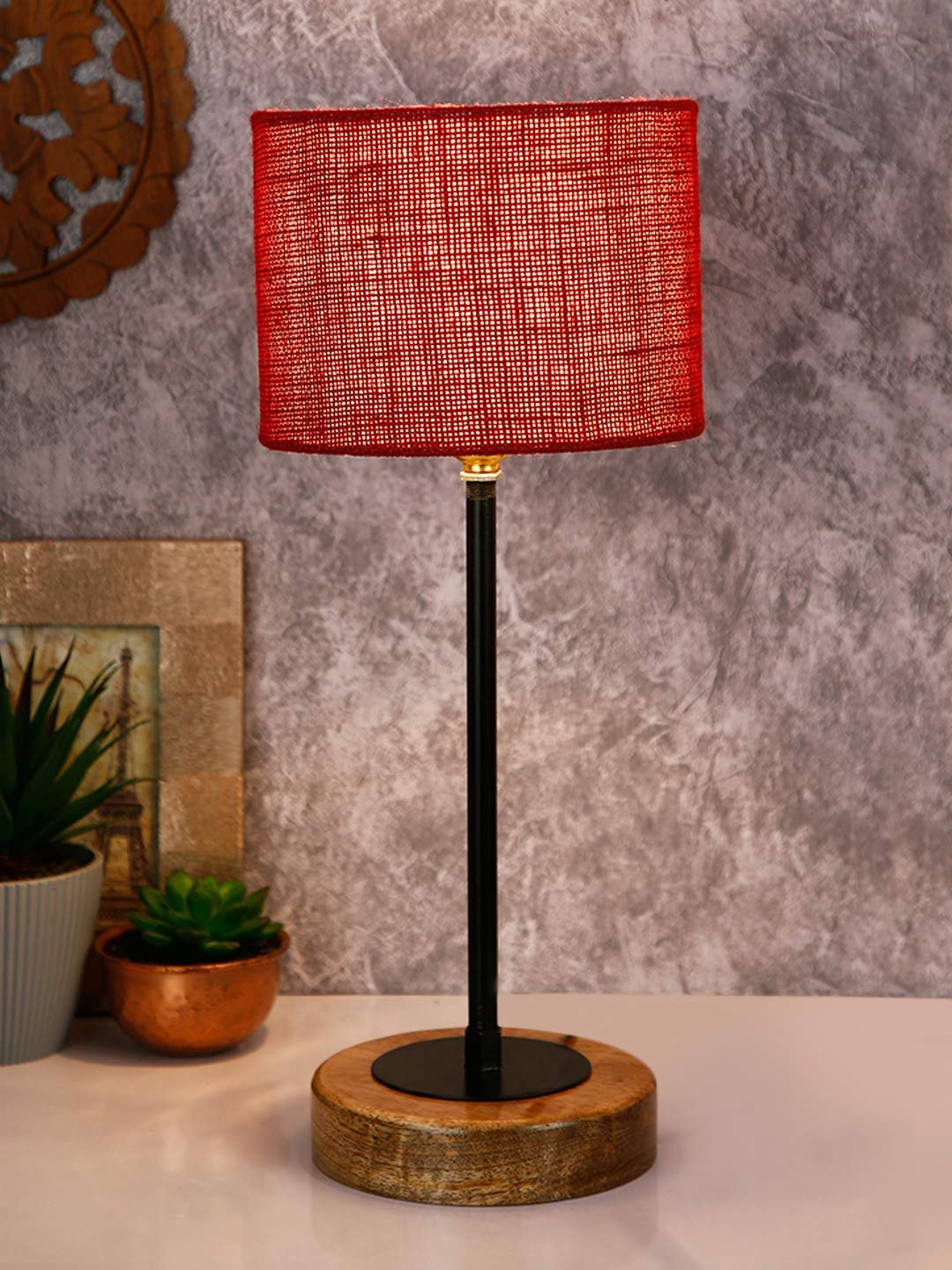 Drum Maroon Jute Shade Table Lamp with Wood Base