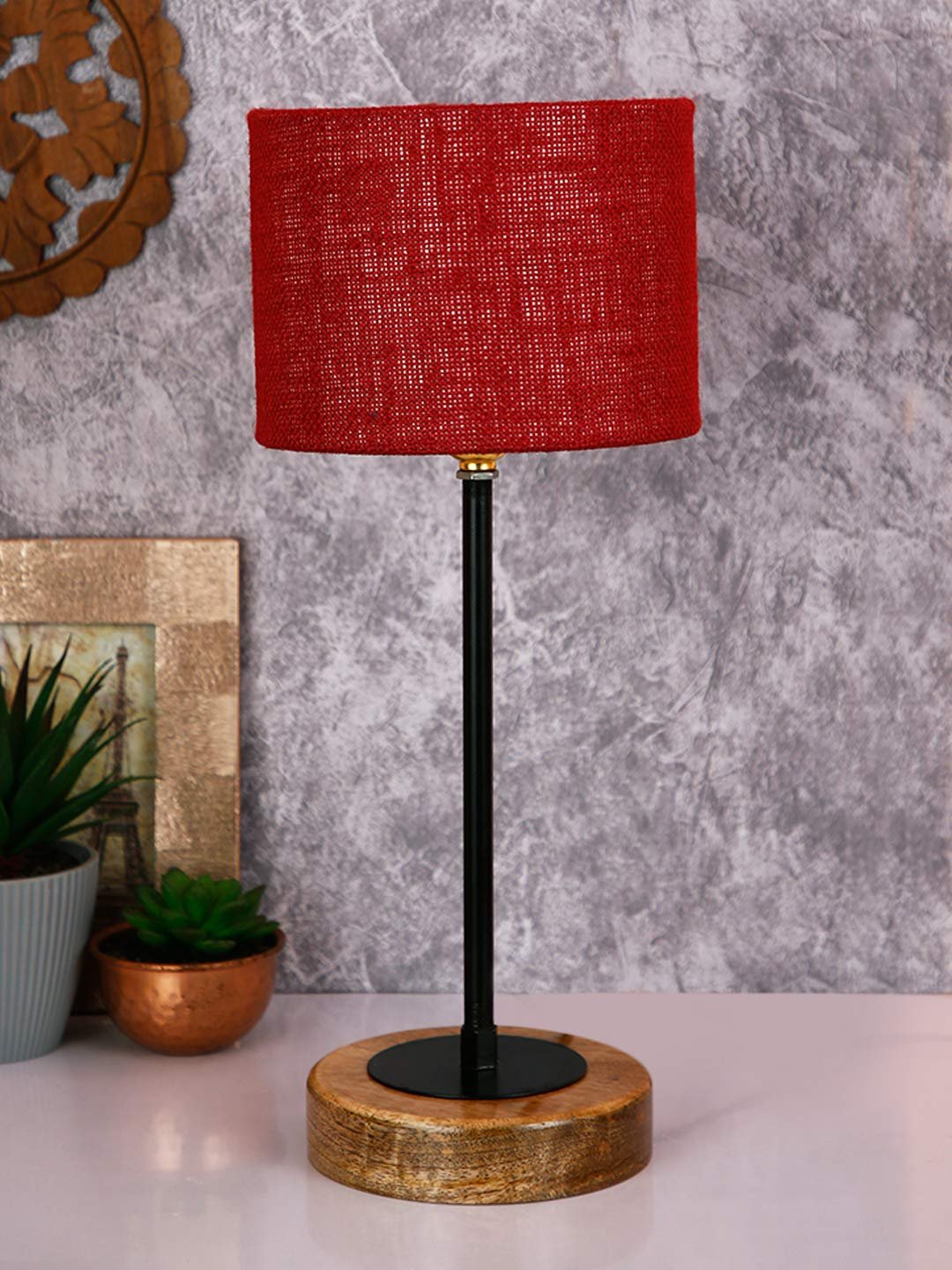 Drum Maroon Jute Shade Table Lamp with Wood Base