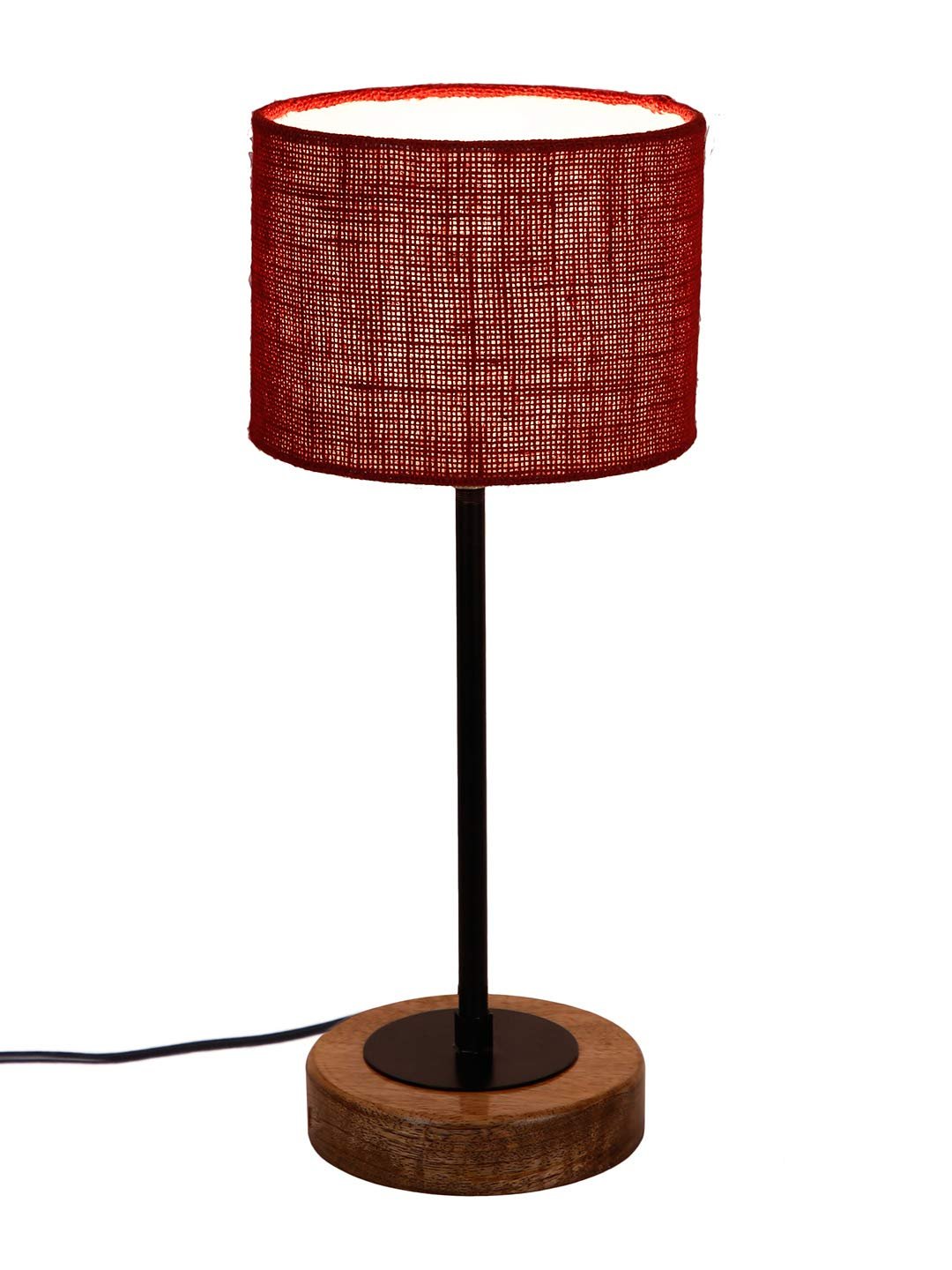 Drum Maroon Jute Shade Table Lamp with Wood Base