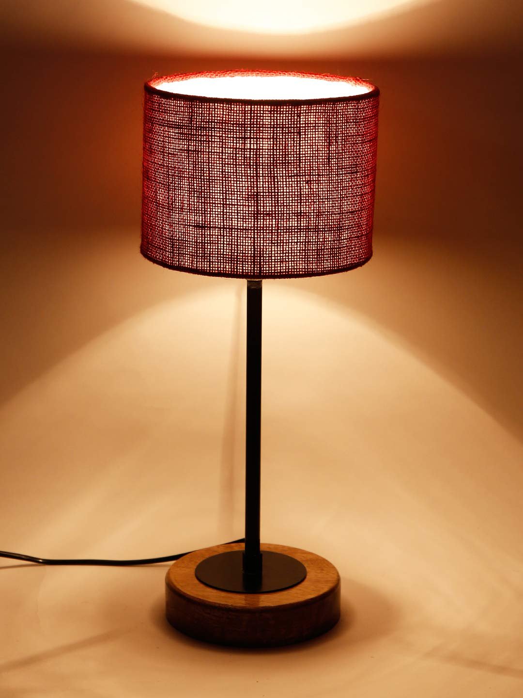 Drum Maroon Jute Shade Table Lamp with Wood Base
