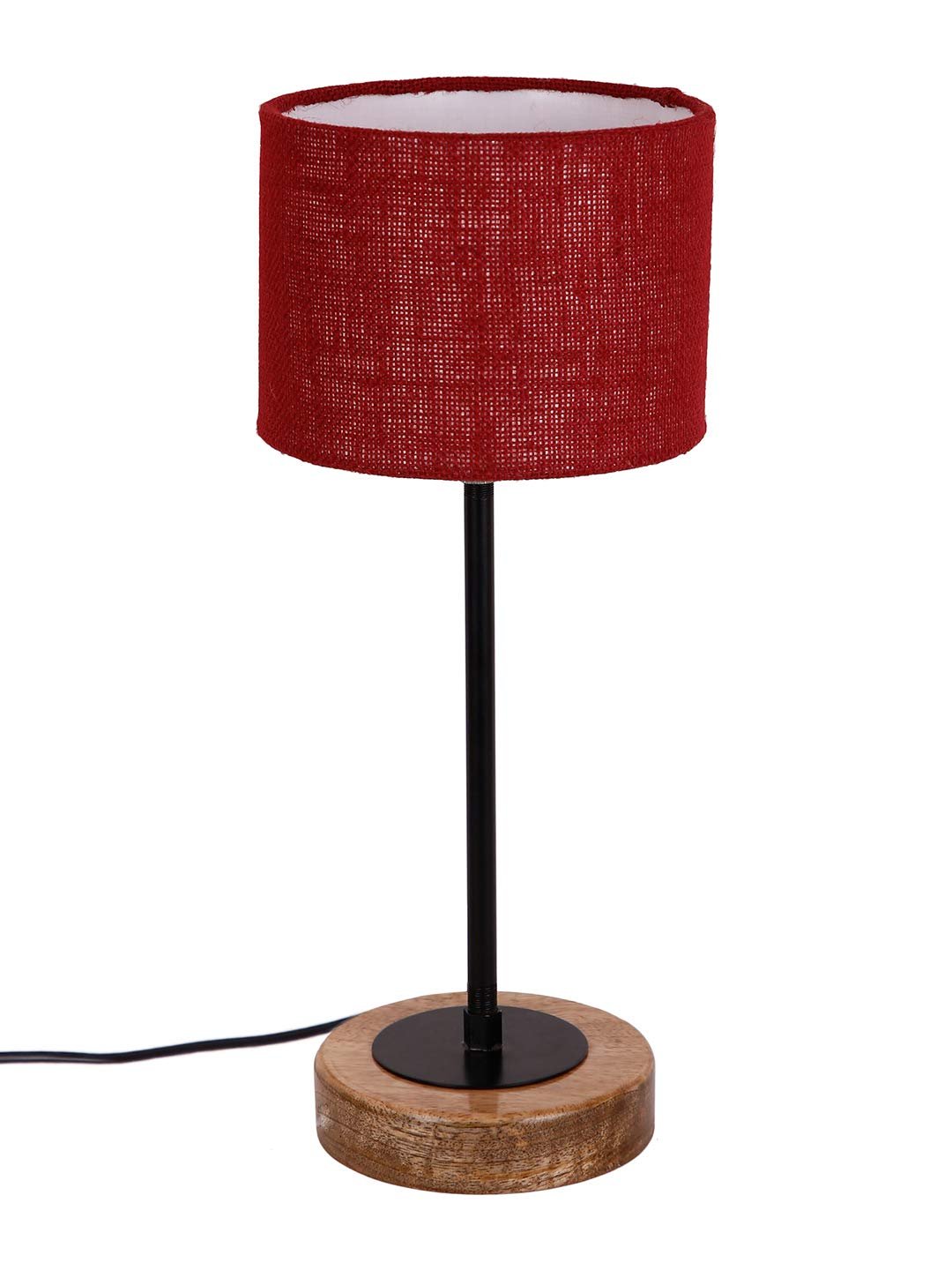 Drum Maroon Jute Shade Table Lamp with Wood Base