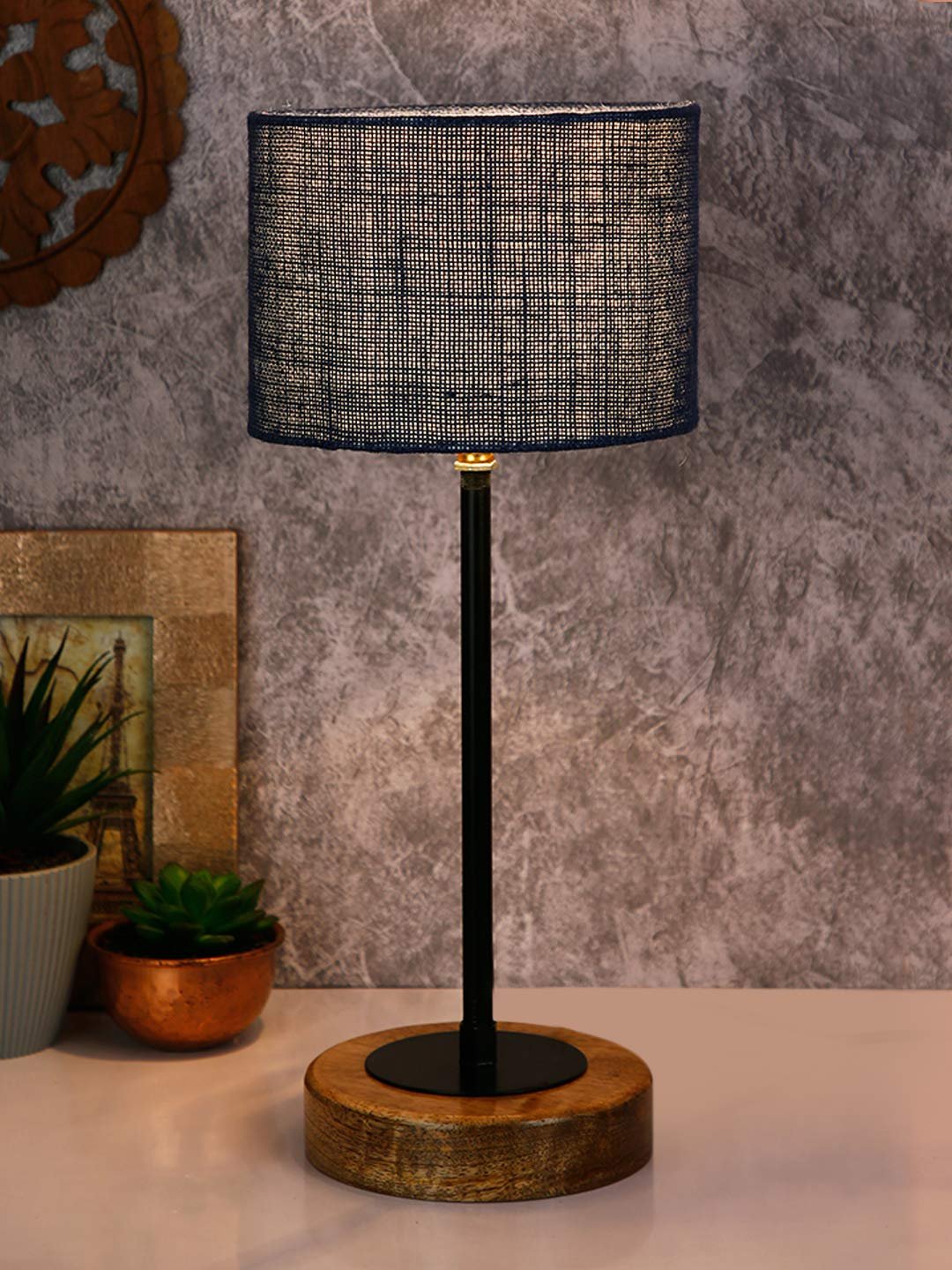 Drum Blue Jute Shade Table Lamp with Wood Base