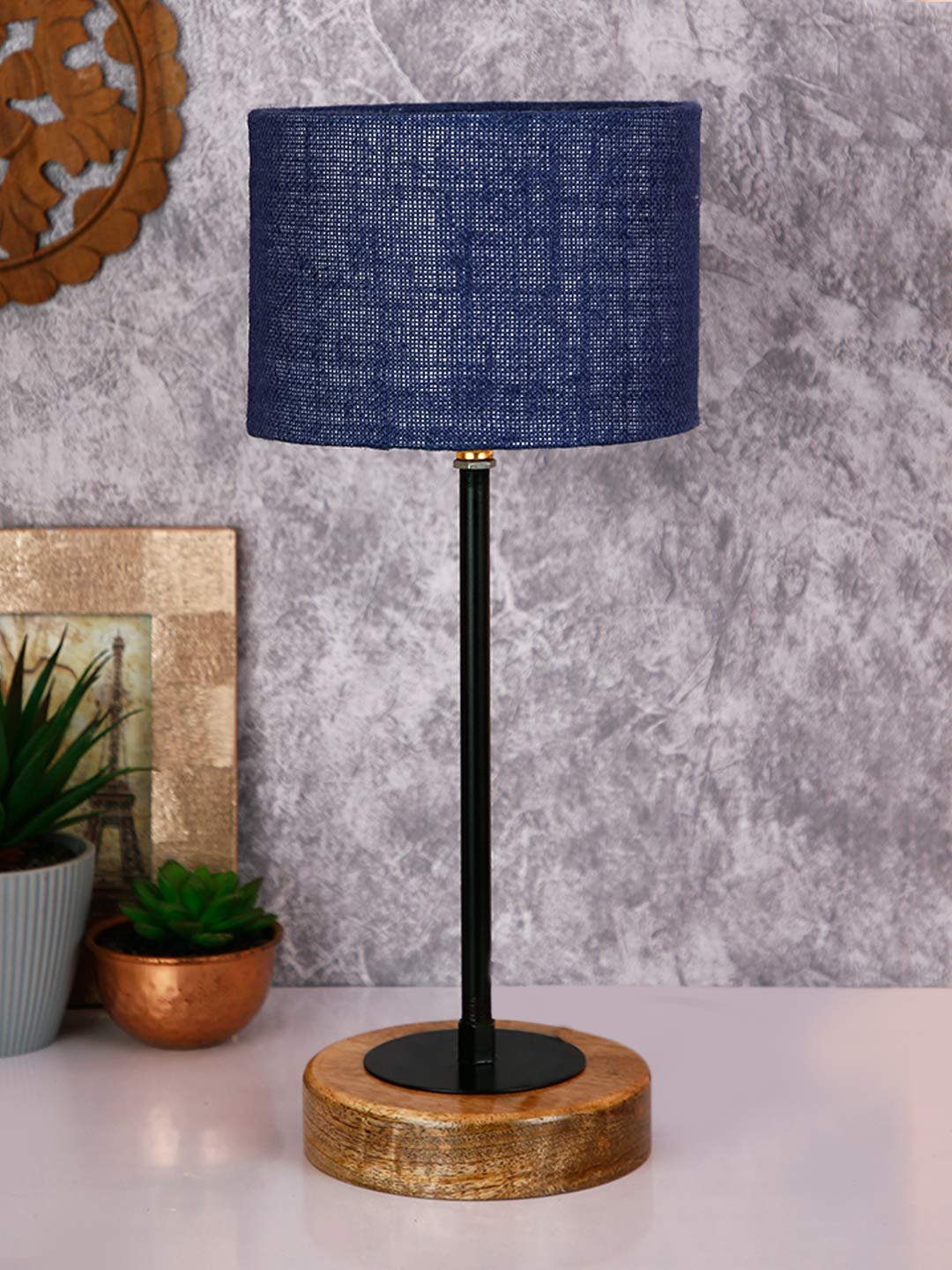 Drum Blue Jute Shade Table Lamp with Wood Base