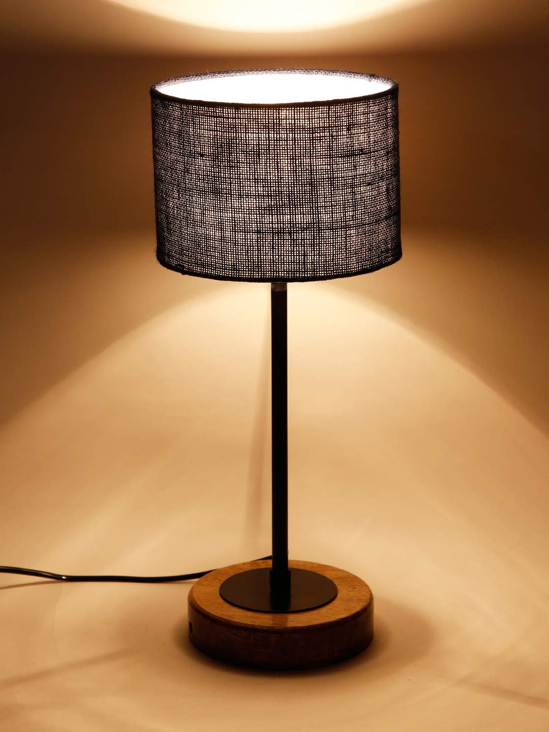 Drum Blue Jute Shade Table Lamp with Wood Base