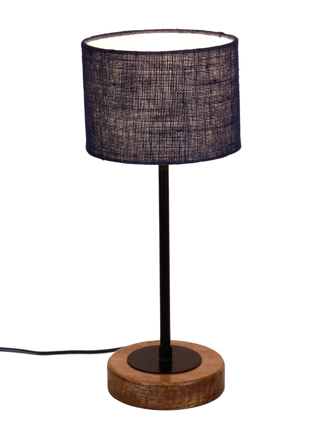 Drum Blue Jute Shade Table Lamp with Wood Base