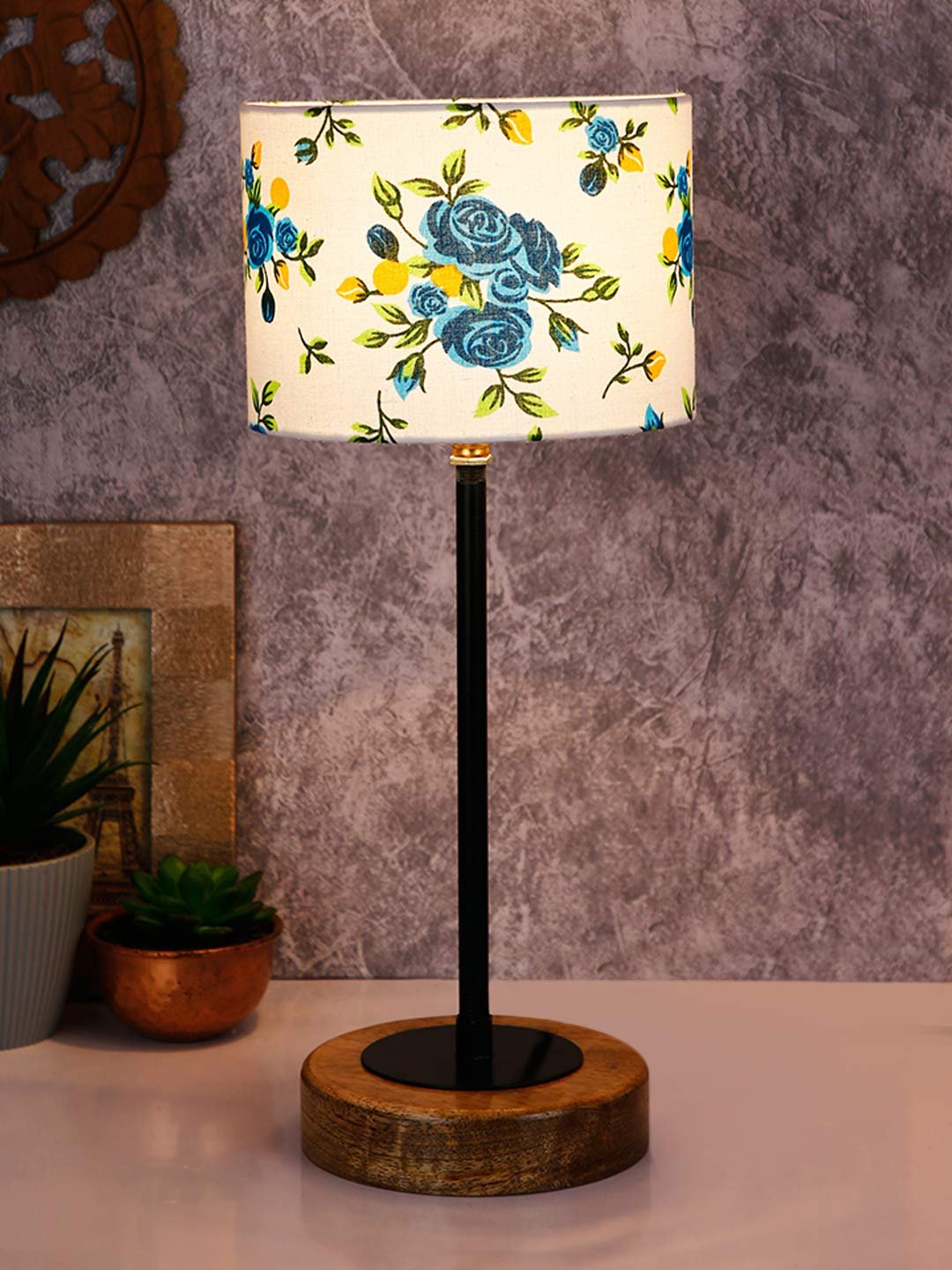 Drum Multicolor Cotton Shade Table Lamp with Wood Base