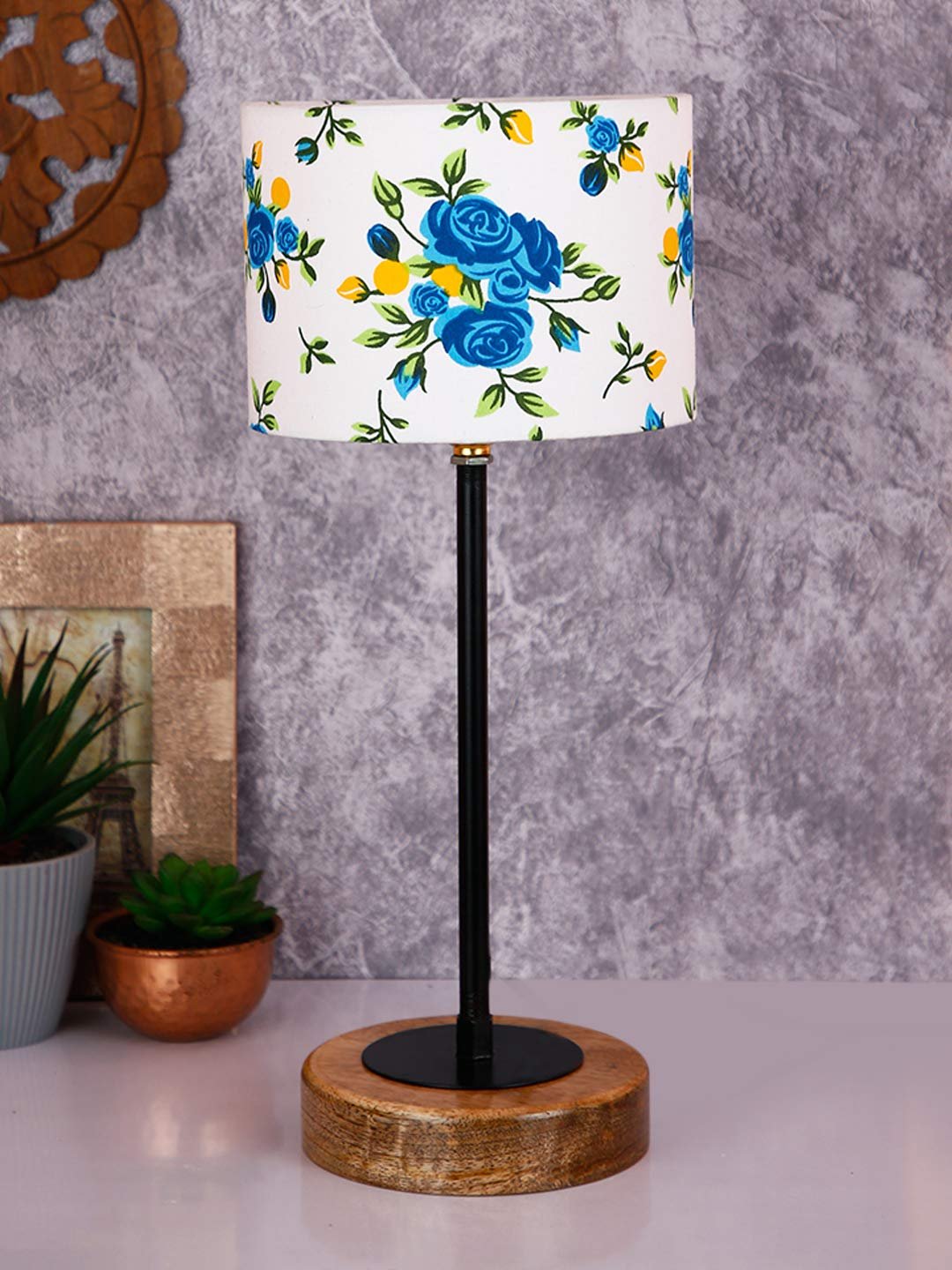 Drum Multicolor Cotton Shade Table Lamp with Wood Base