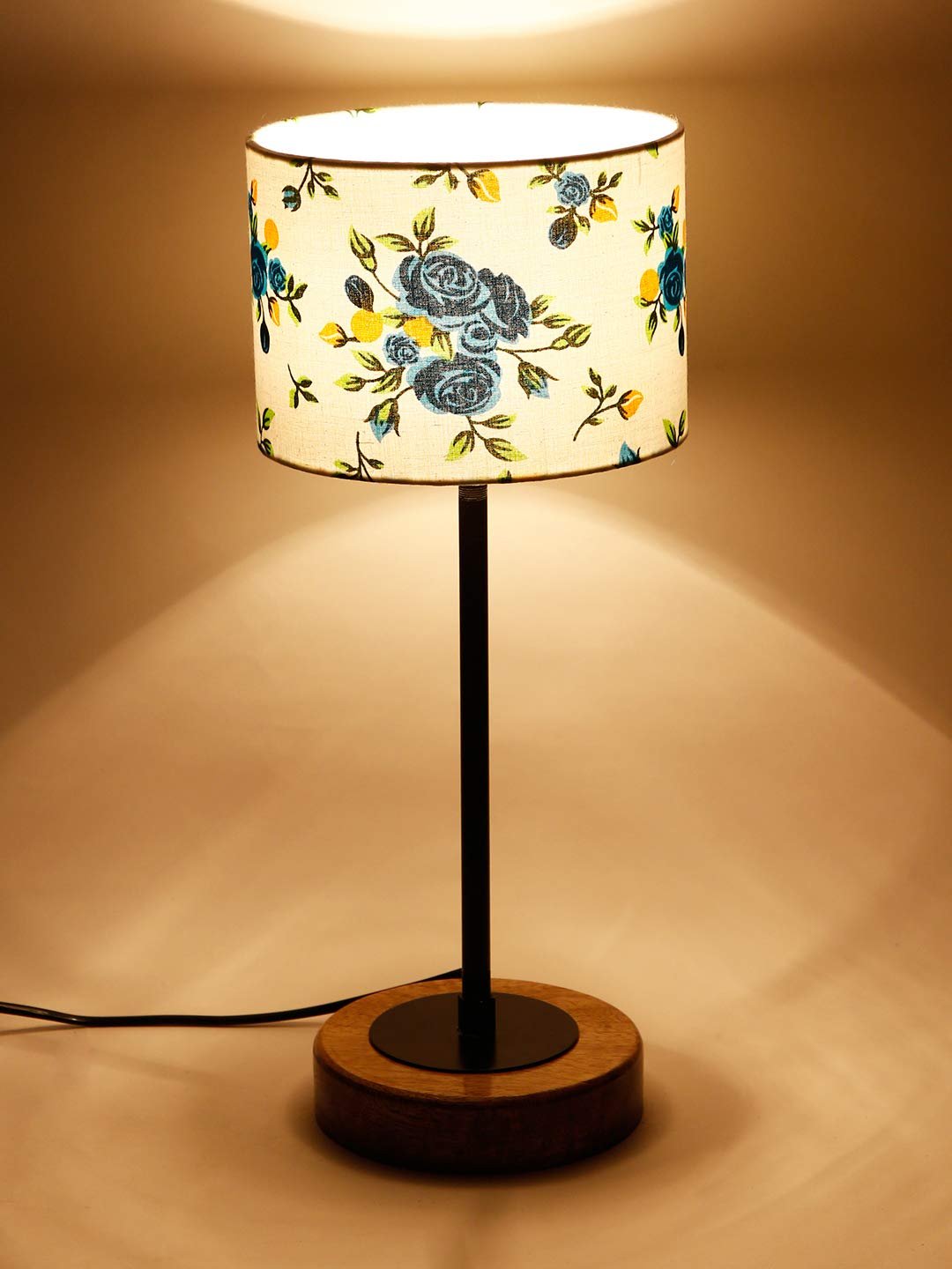 Drum Multicolor Cotton Shade Table Lamp with Wood Base