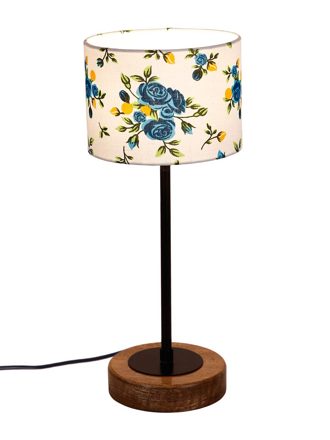 Drum Multicolor Cotton Shade Table Lamp with Wood Base