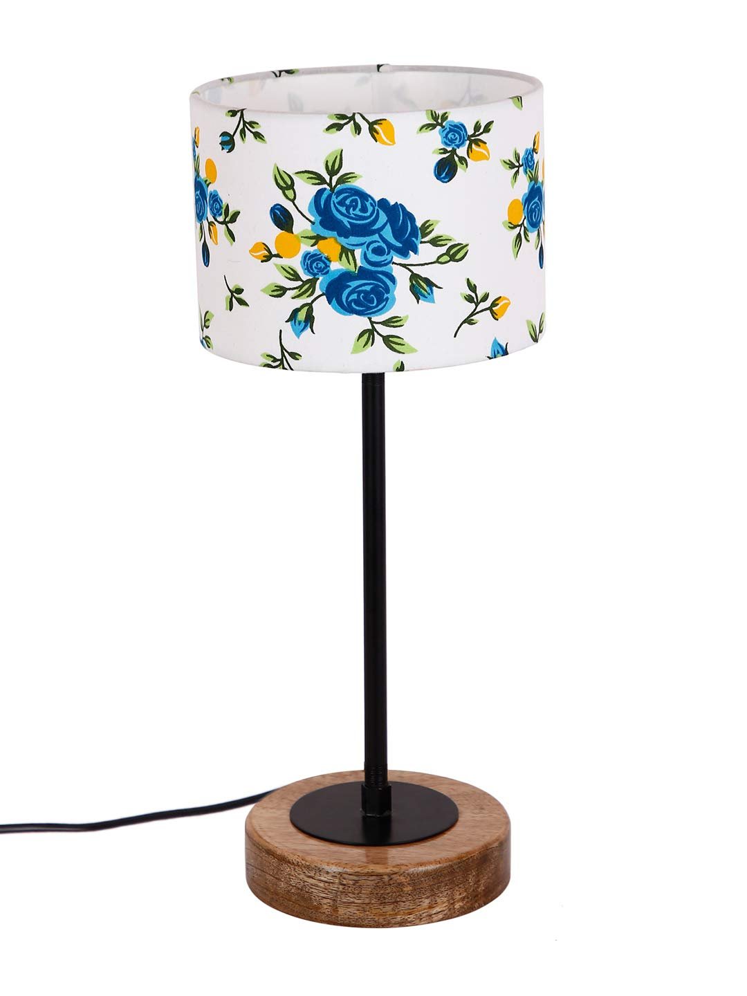 Drum Multicolor Cotton Shade Table Lamp with Wood Base