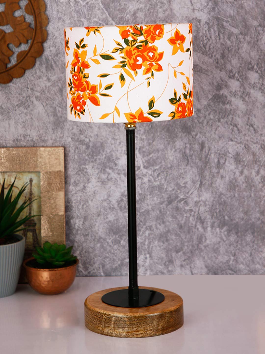 Drum Multicolor Cotton Shade Table Lamp with Wood Base