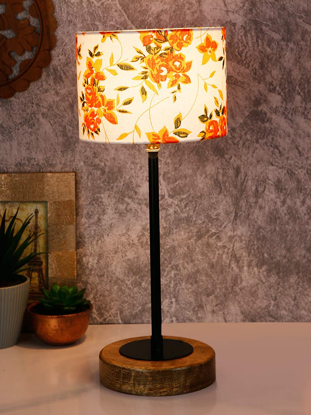 Drum Multicolor Cotton Shade Table Lamp with Wood Base