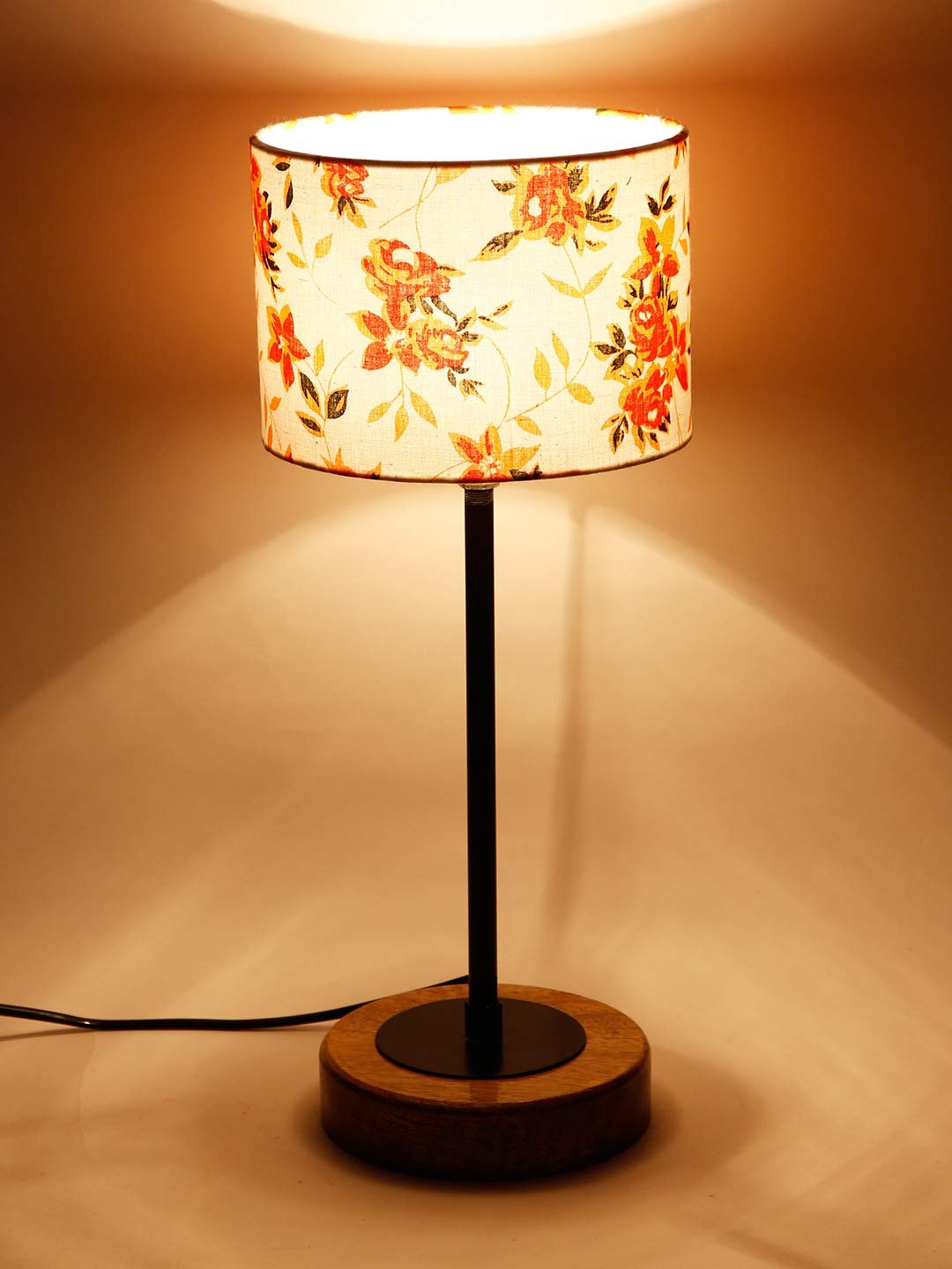 Drum Multicolor Cotton Shade Table Lamp with Wood Base