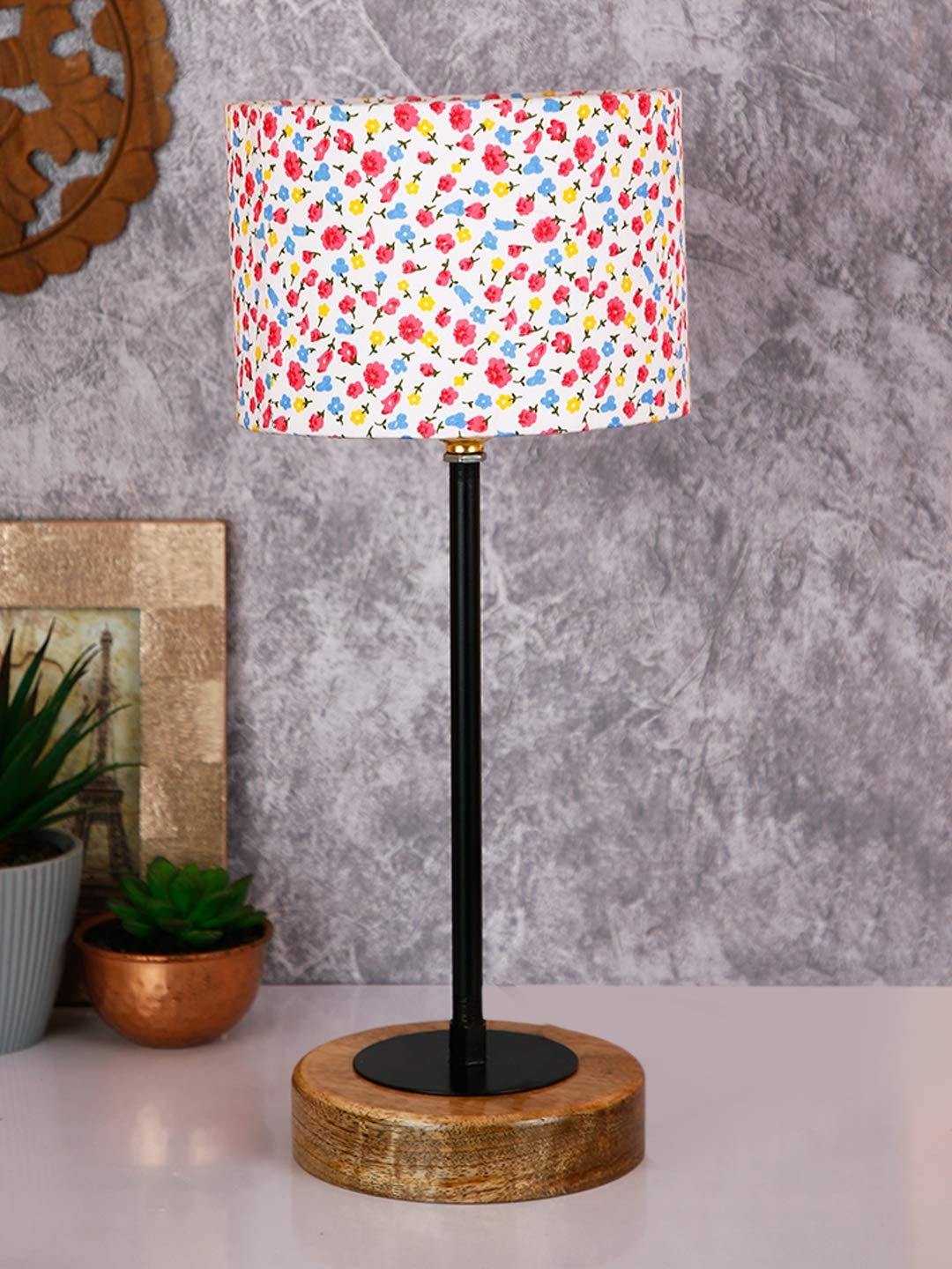 Drum Multicolor Cotton Shade Table Lamp with Wood Base