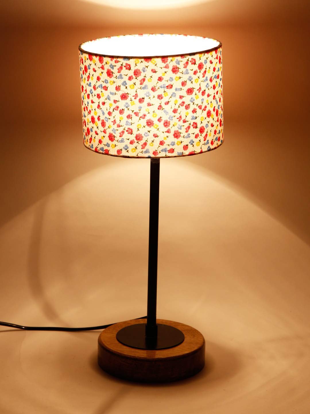 Drum Multicolor Cotton Shade Table Lamp with Wood Base