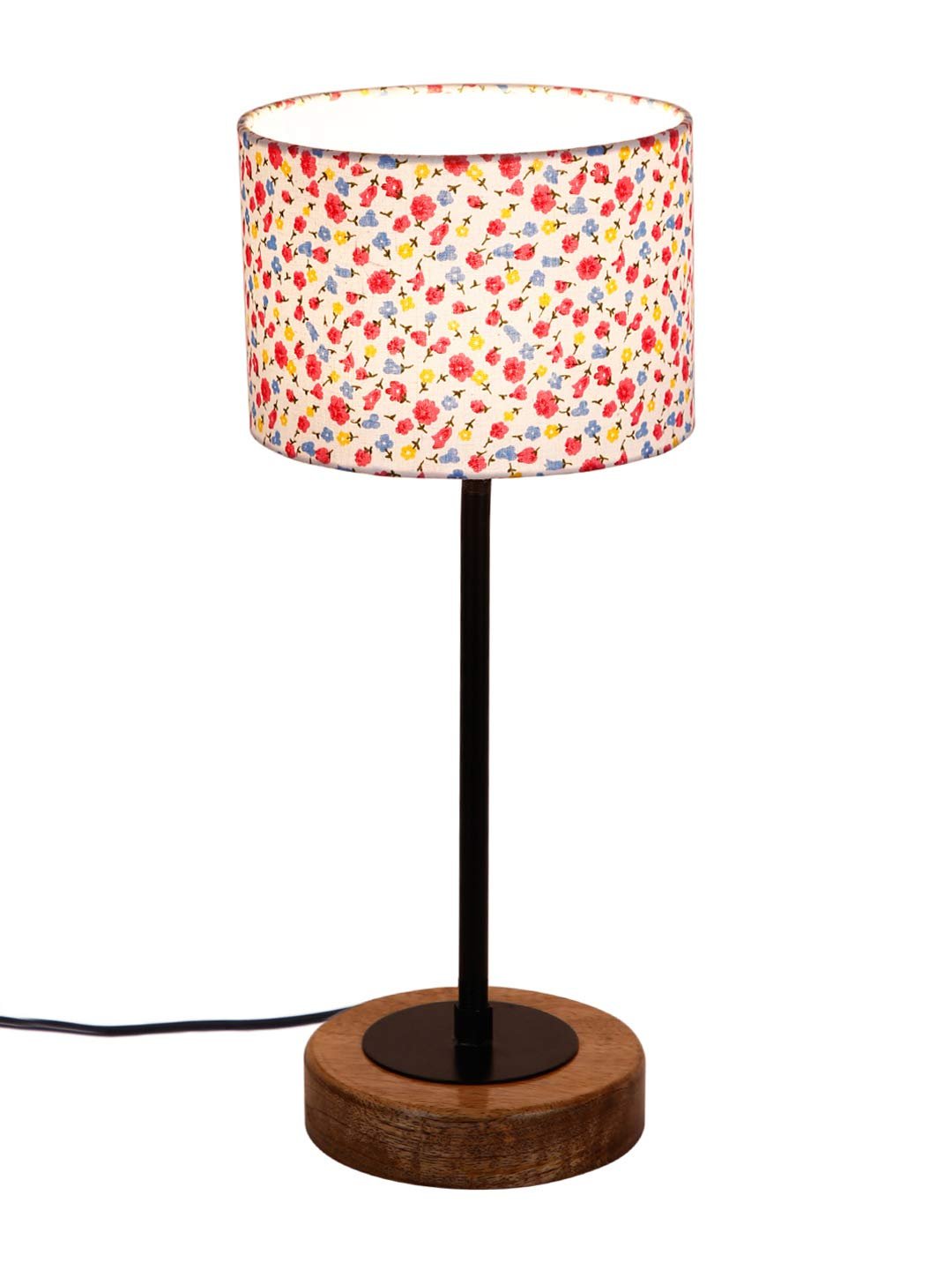 Drum Multicolor Cotton Shade Table Lamp with Wood Base