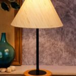 Conical Off White Cotton Shade Table Lamp with Wood Base