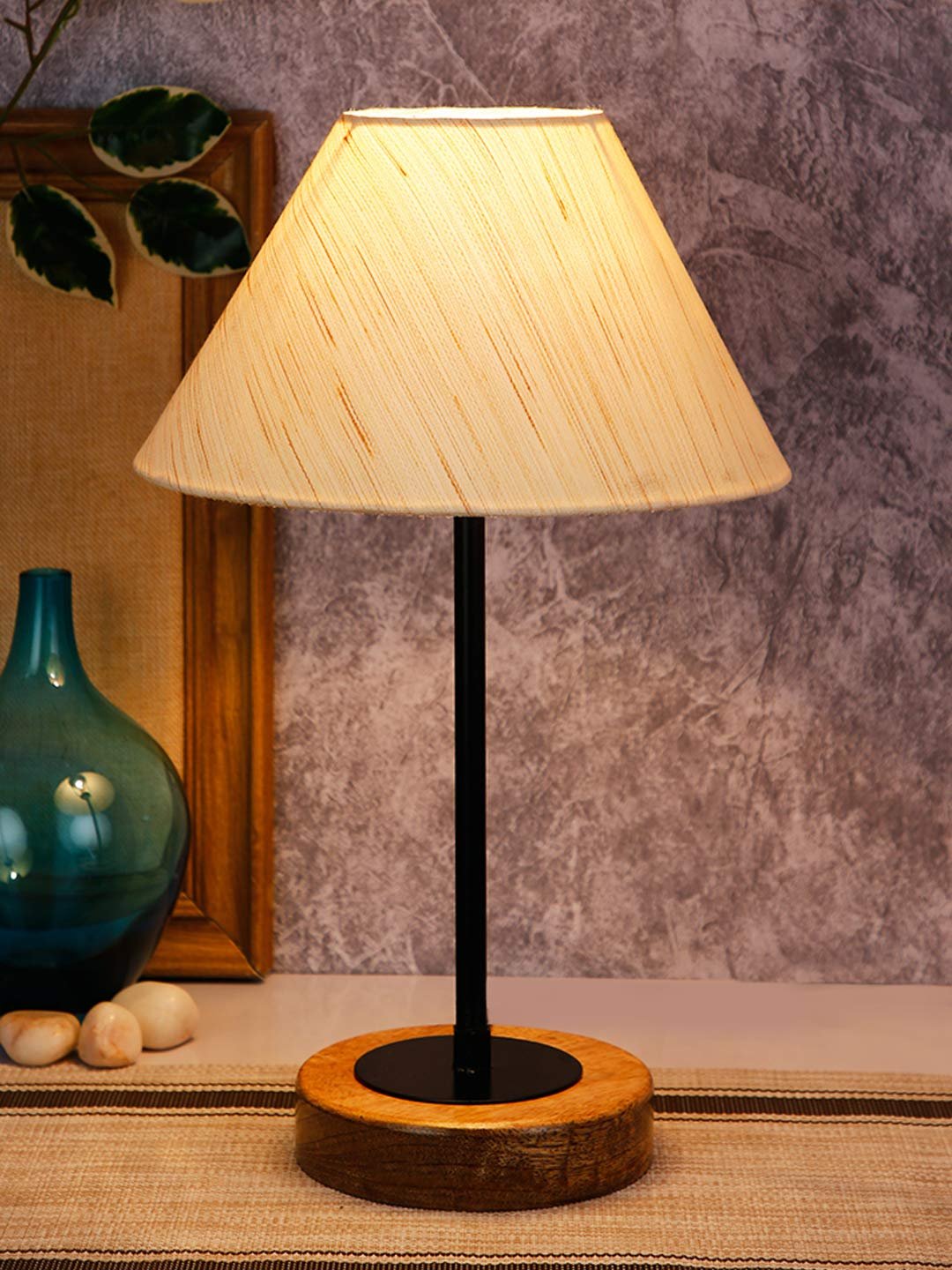 Conical Off White Cotton Shade Table Lamp with Wood Base