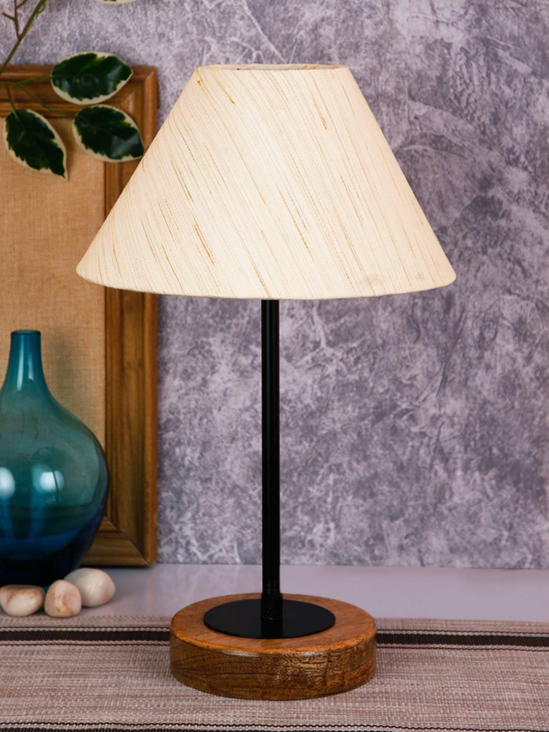 Conical Off White Cotton Shade Table Lamp with Wood Base