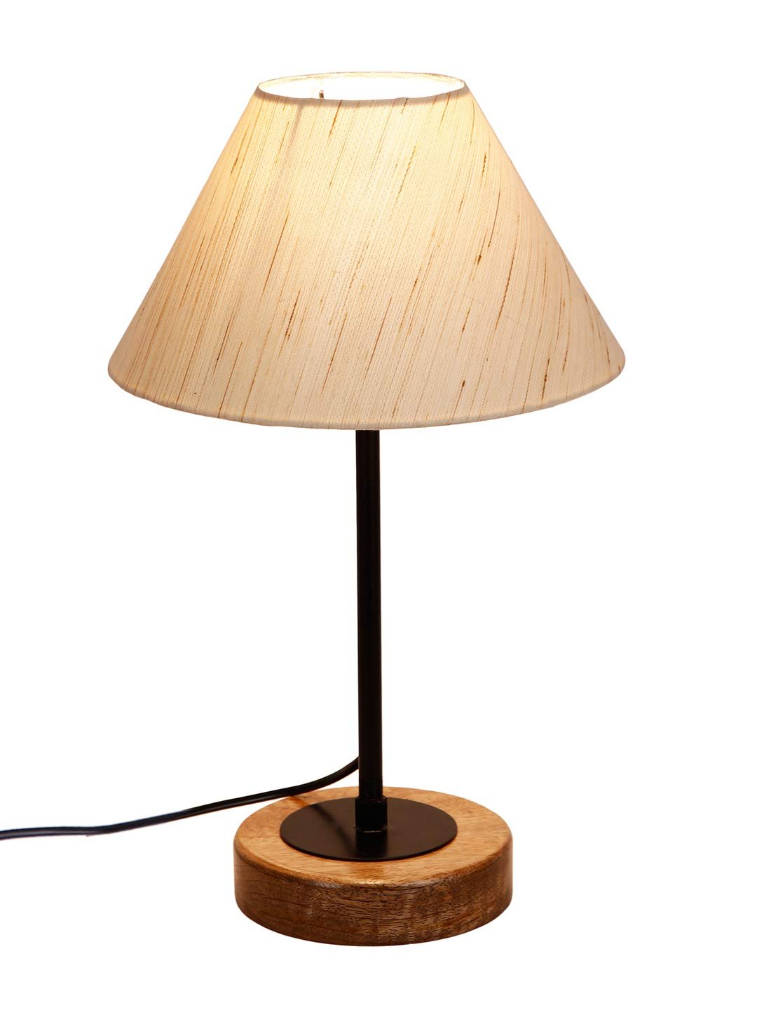 Conical Off White Cotton Shade Table Lamp with Wood Base