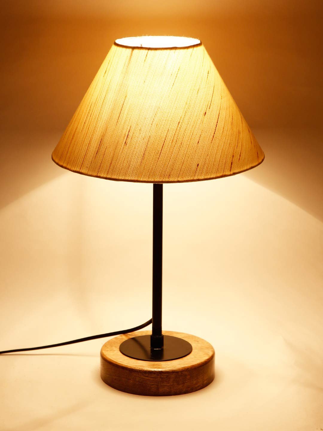 Conical Off White Cotton Shade Table Lamp with Wood Base