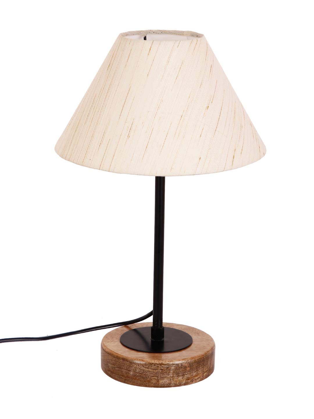 Conical Off White Cotton Shade Table Lamp with Wood Base