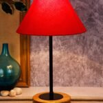 Conical Red Cotton Shade Table Lamp with Wood Base