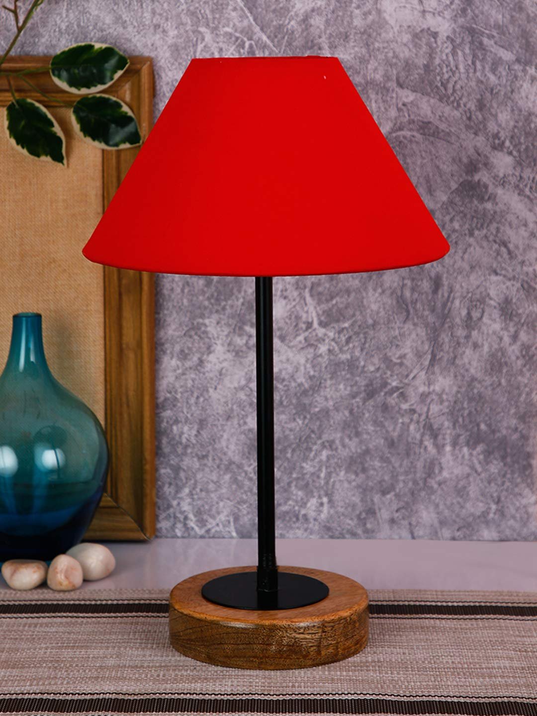 Conical Red Cotton Shade Table Lamp with Wood Base
