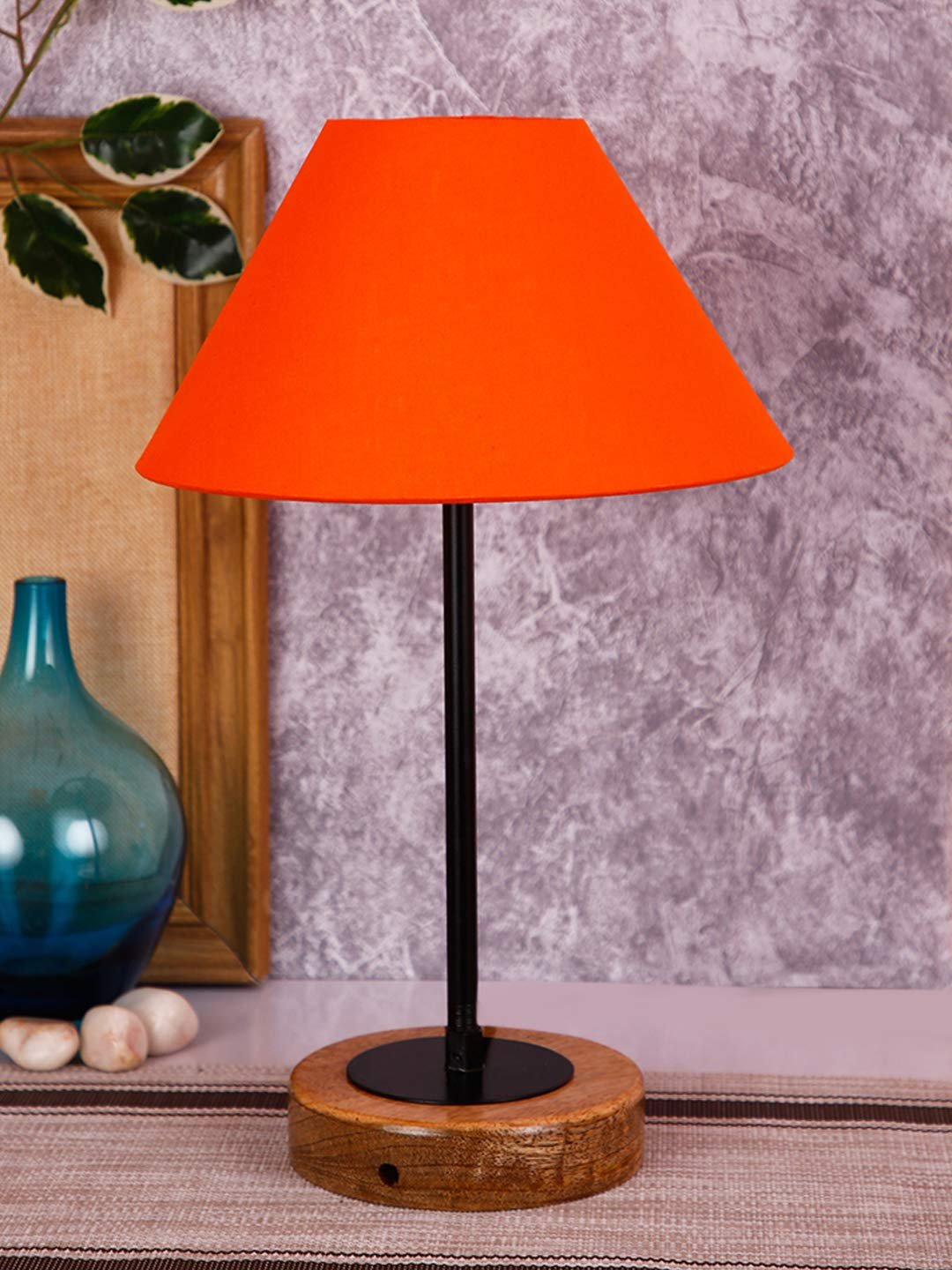 Conical Orange Cotton Shade Table Lamp with Wood Base