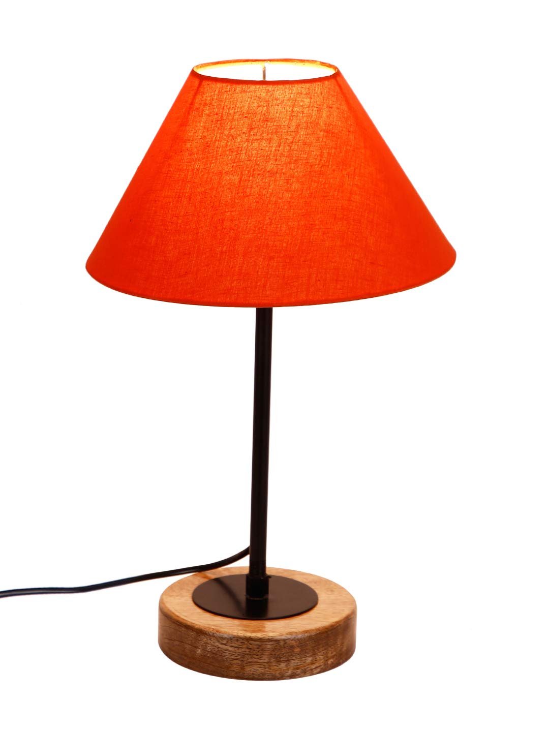 Conical Orange Cotton Shade Table Lamp with Wood Base