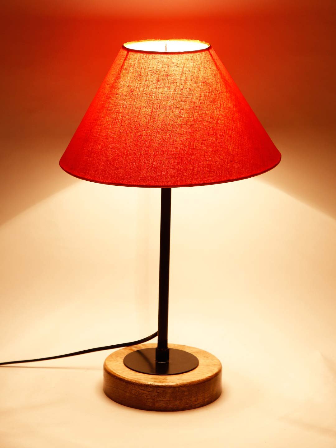 Conical Orange Cotton Shade Table Lamp with Wood Base