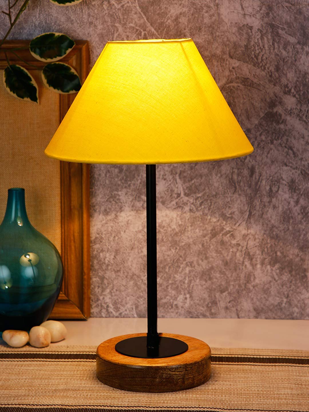 Conical Cotton Shade Table Lamp with Wood Base