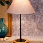 Conical Grey Cotton Shade Table Lamp with Wood Base