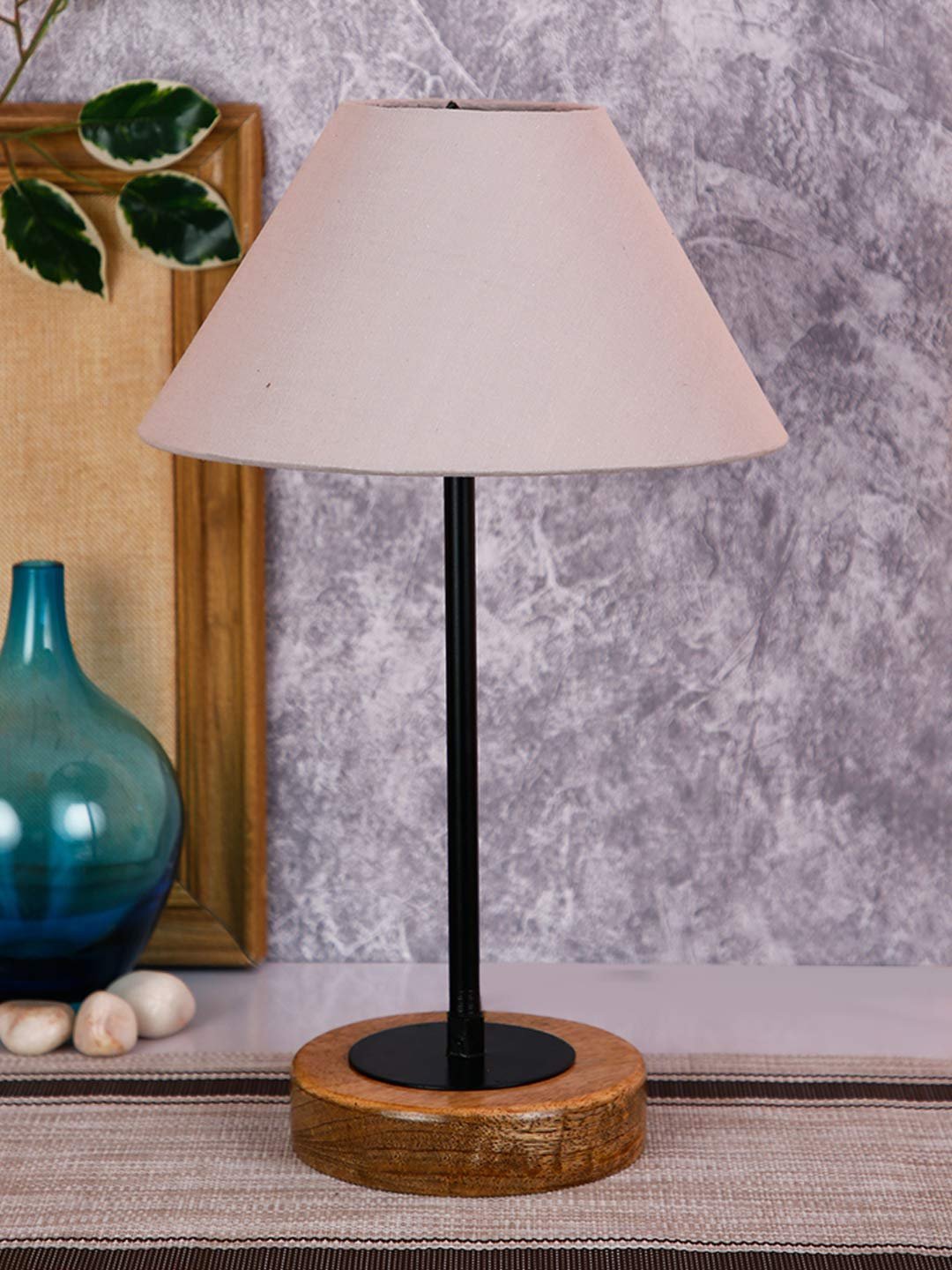 Conical Grey Cotton Shade Table Lamp with Wood Base