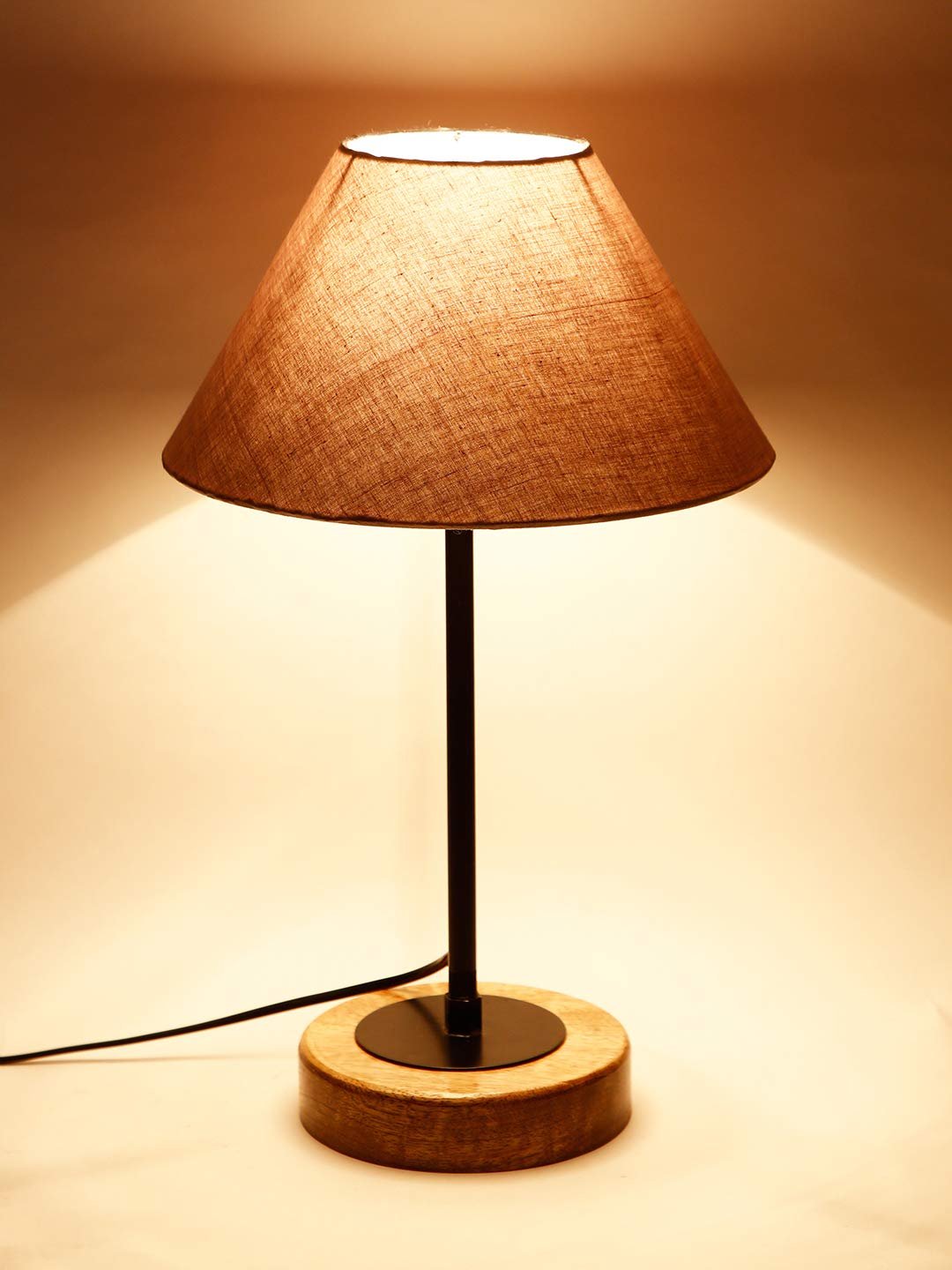 Conical Grey Cotton Shade Table Lamp with Wood Base