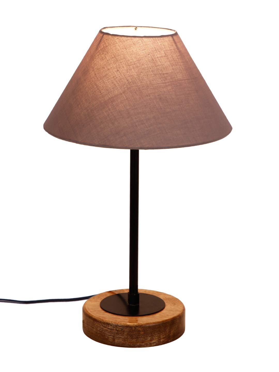 Conical Grey Cotton Shade Table Lamp with Wood Base