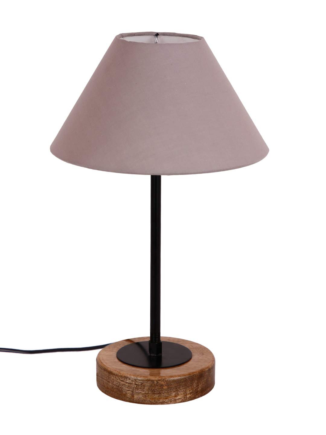 Conical Grey Cotton Shade Table Lamp with Wood Base