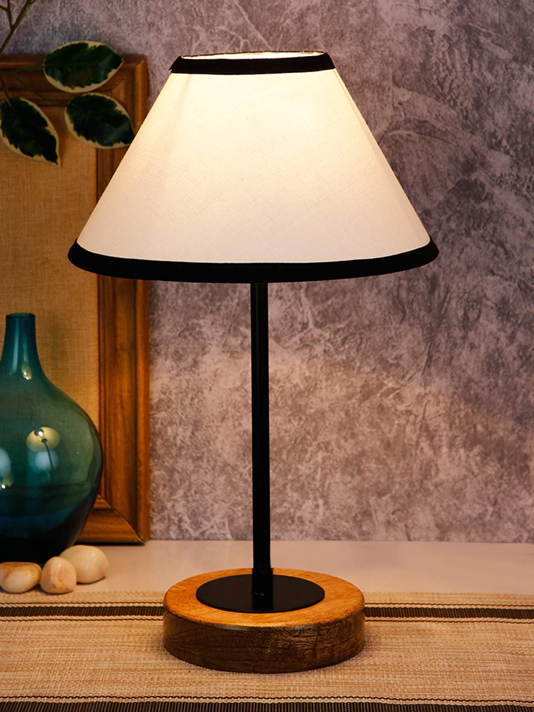 Conical Multicolor Cotton Shade Table Lamp with Wood Base