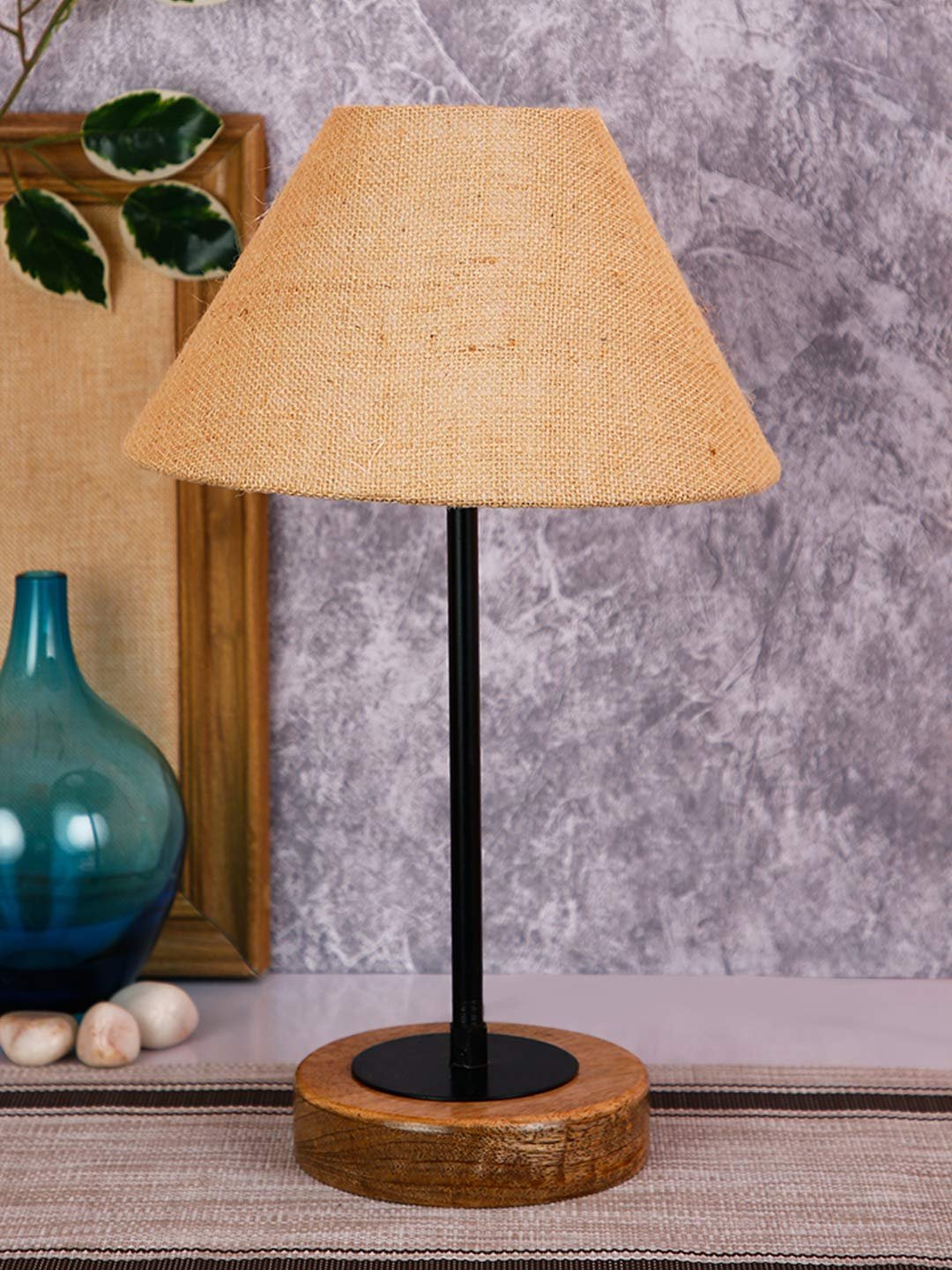 Conical Beige Jute Shade Table Lamp with Wood Base