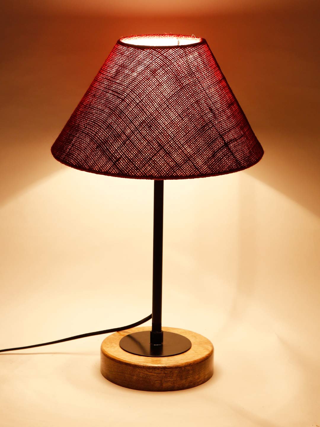 Conical Maroon Jute Shade Table Lamp with Wood Base