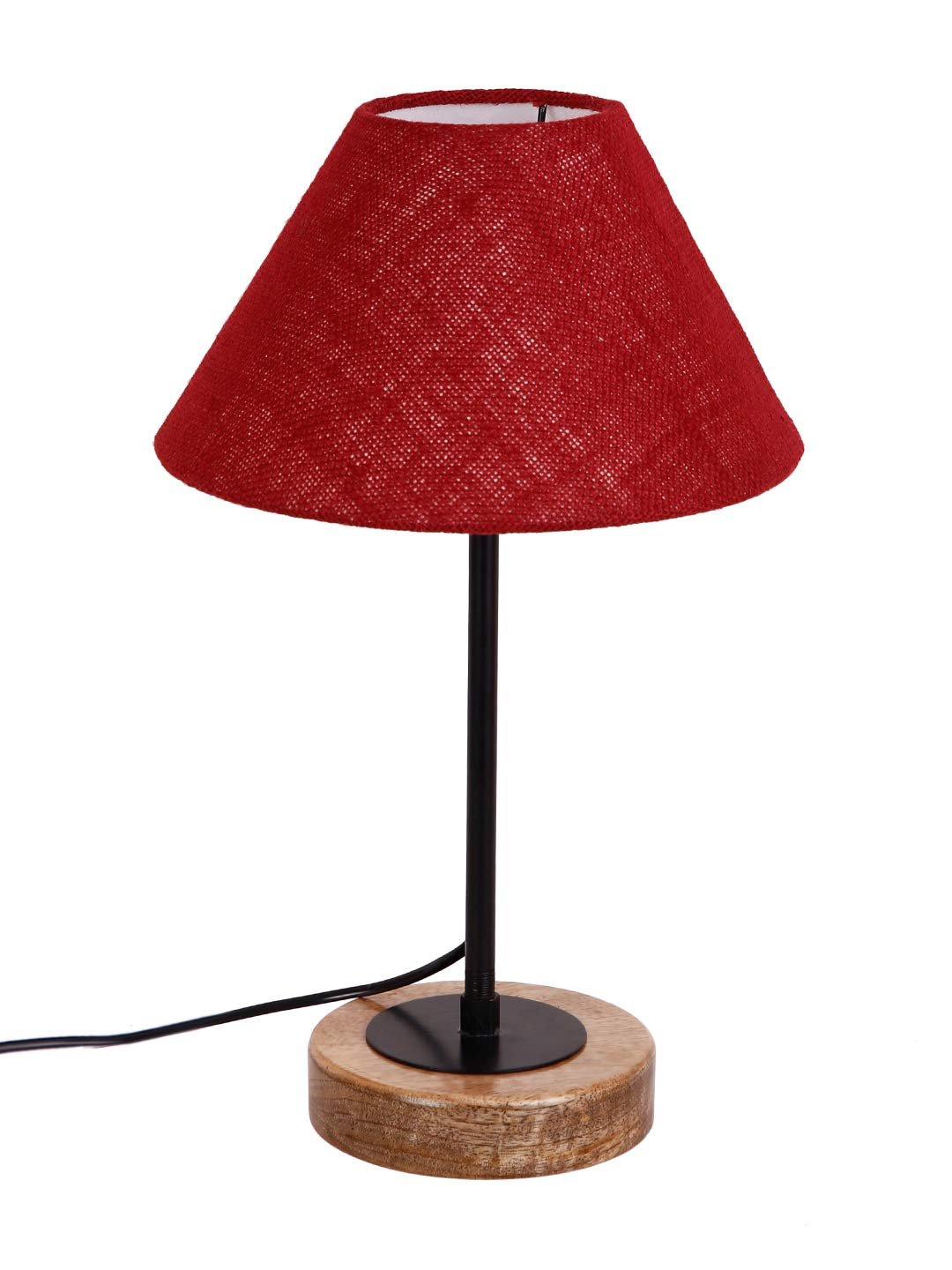 Conical Maroon Jute Shade Table Lamp with Wood Base